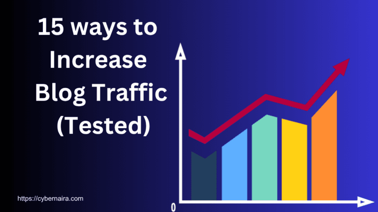 Blog post featured image with text reading 15 Ways to Increase Blog Traffic (Tested) alongside a colorful bar chart showing a rising upward arrow.