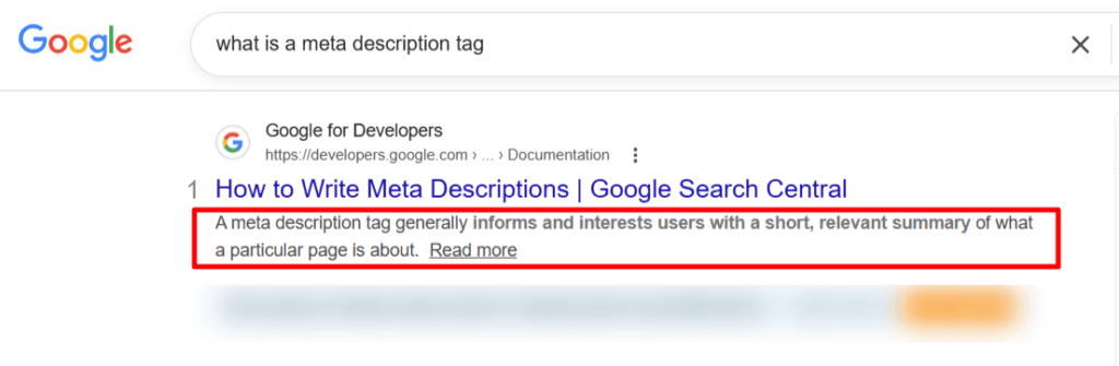Google search results for what is a meta description tag with a red box outlining the definition snippet from Google for Developers.