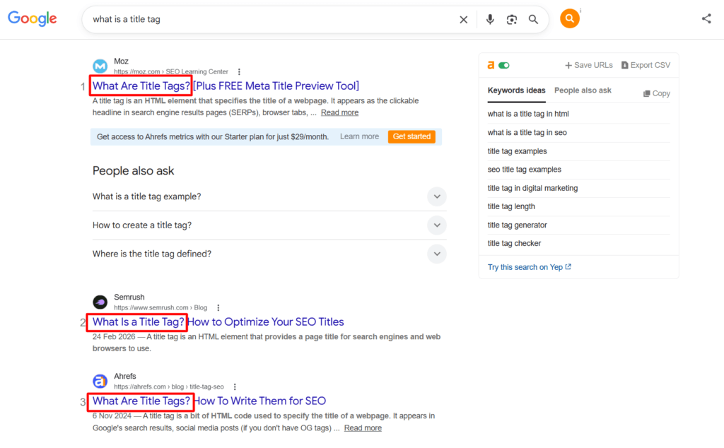 Google search results for what is a title tag outlined in red boxes.
