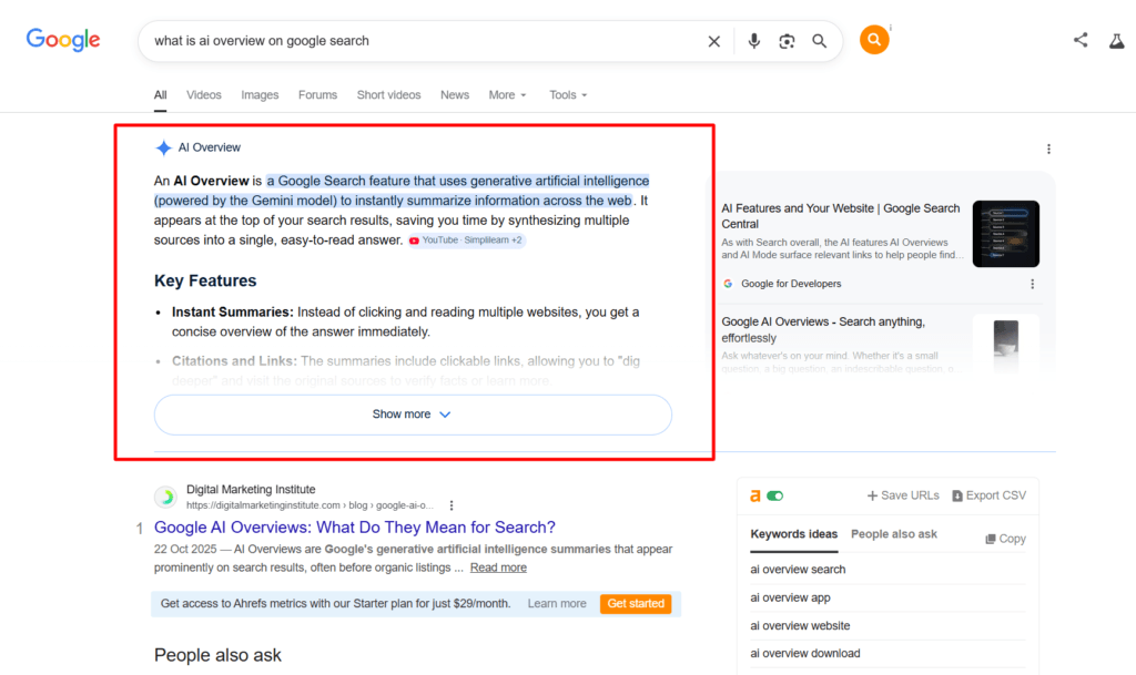 Google search results for what is ai overview on google search with a red box outlining the AI Overview generation window.