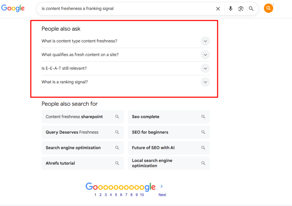 Google search results with the People also ask accordion box outlined in a red frame. 