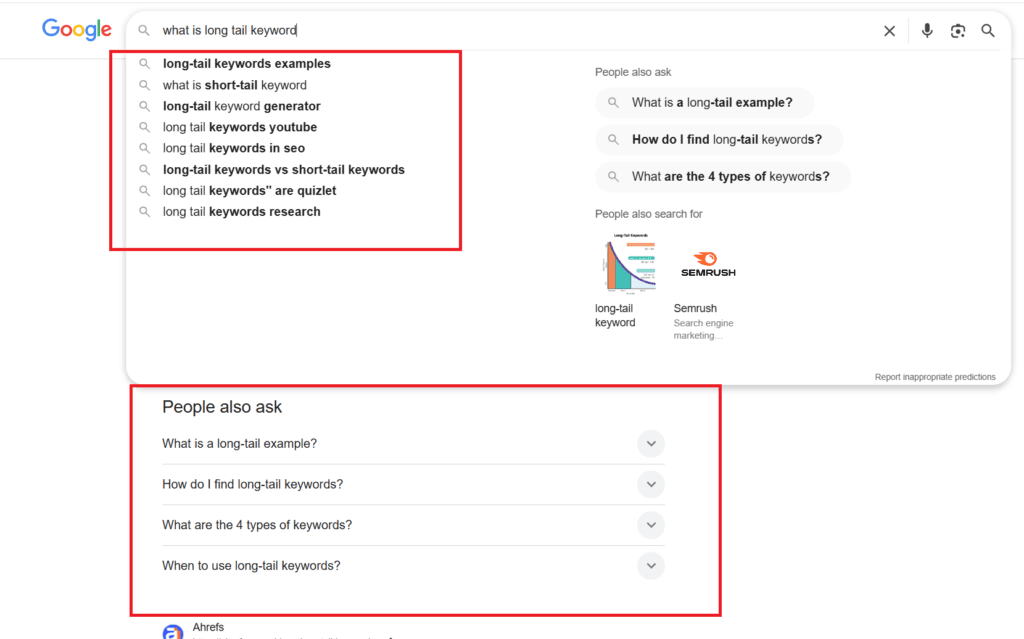 Google search results for long tail keywords showing autocomplete suggestions and People Also Ask questions.