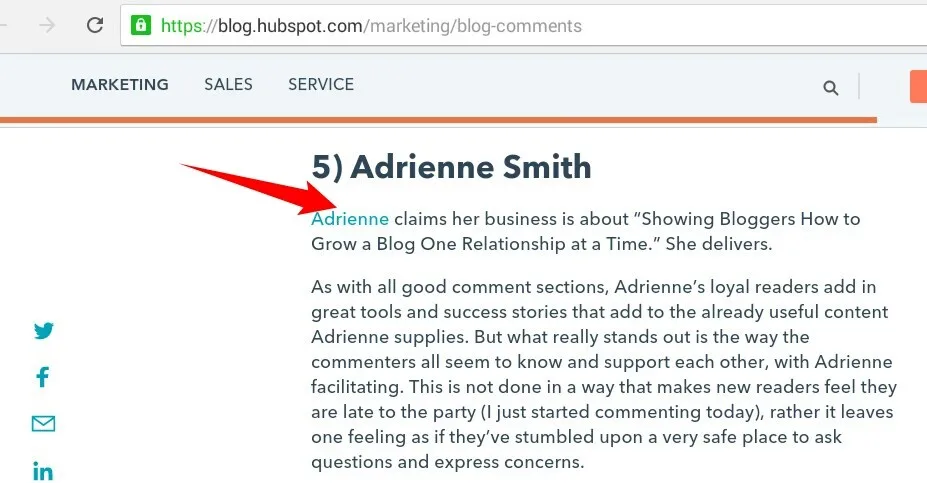 HubSpot blog page highlighting Adrienne Smith example in a list of top blog comment sections with a red arrow pointing to her name.