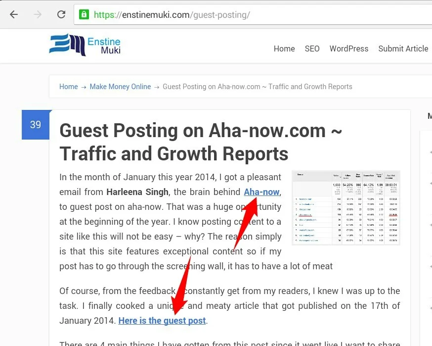 Enstine Muki blog post sharing traffic and growth results from a guest post published on Aha-now.com.