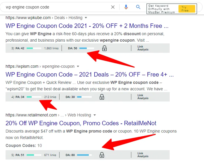 Google search results for WP Engine coupon code showing competitor pages with their domain authority and backlink metrics highlighted by red arrows.