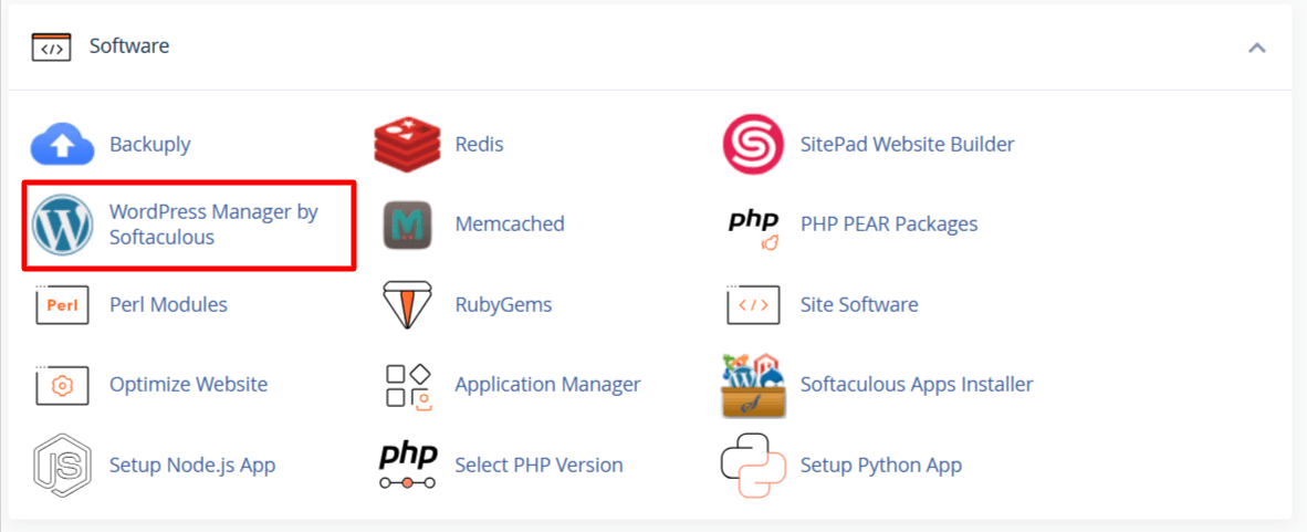 cPanel Software section showing WordPress Manager by Softaculous highlighted among other available tools.