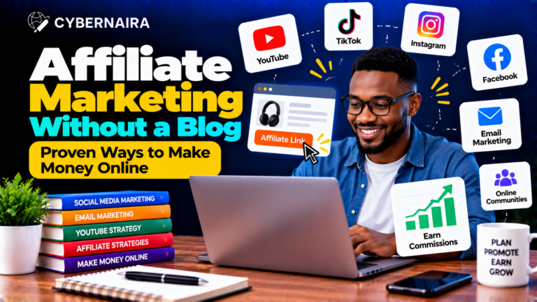 Smiling man using a laptop next to social media platform icons and stacked marketing books.
