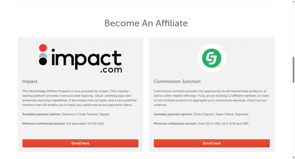 namecheap affiliate program platform options Namecheap affiliate program details highlight the two platforms for joining the program: Impact and Commission Junction.