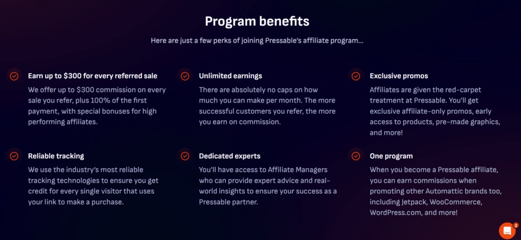 pressable wordpress hosting affiliate program benefits Web page section highlighting the six key benefits and perks of joining the Pressable affiliate program.