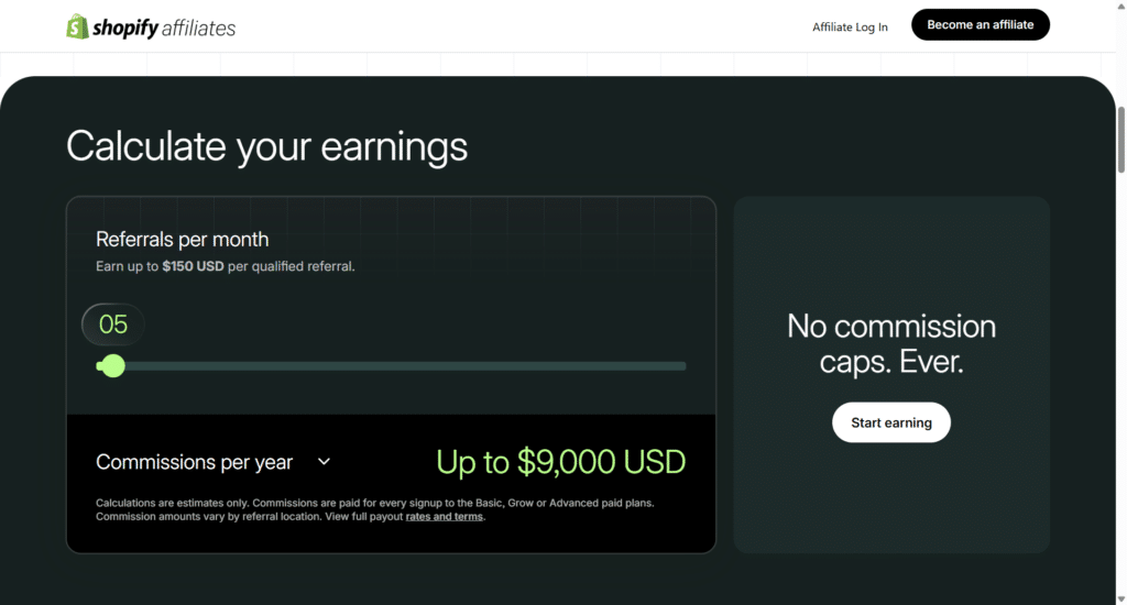 shopify affiliate program commission earnings calculator Shopify web page section featuring an earnings calculator slider to estimate yearly affiliate commissions based on monthly referrals.