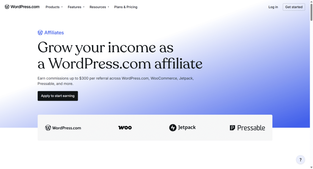 wordpress affiliate program grow your income landing page WordPress affiliate program commissions of up to $ 300 per referral across WordPress.com, WooCommerce, Jetpack, and Pressable.