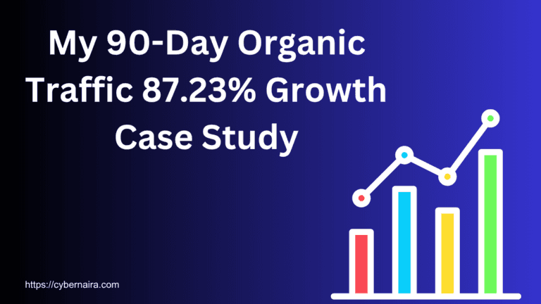 Blog post featured image with text reading My 90 Day Organic Traffic 87.23% Growth Case Study alongside a rising growth chart icon.