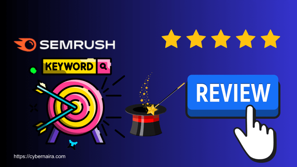 Magic cap with dart game board, Semrush logo, five star rating icons, and a review button with a hand pressing on it.
