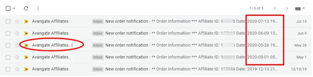 Gmail search results showing a list of affiliate order notification emails from Avangate Affiliates with red markings highlighting order dates and counts.