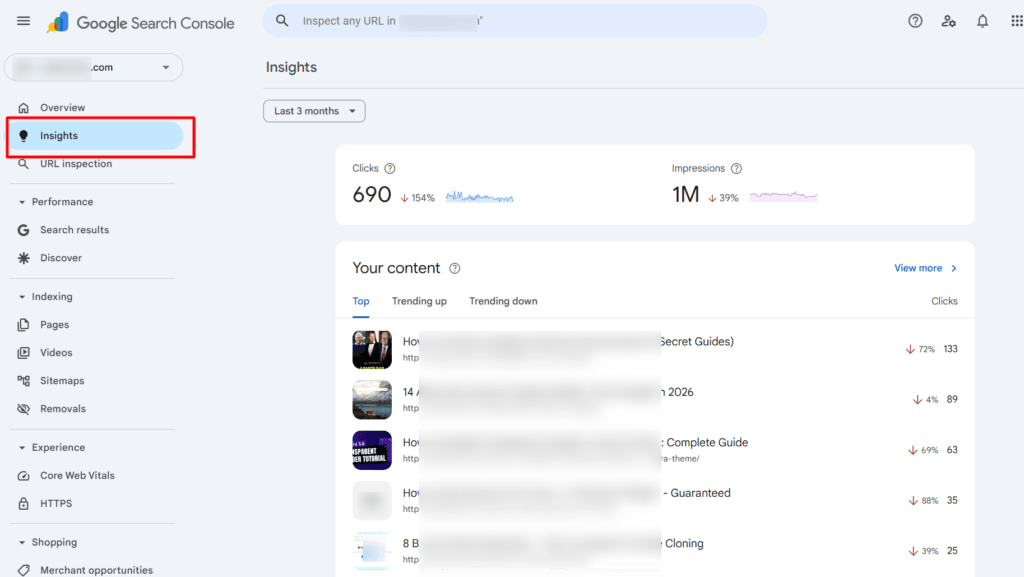 Google Search Console Insights section showing top trending queries with click and impression lost metrics over the last 90 days.