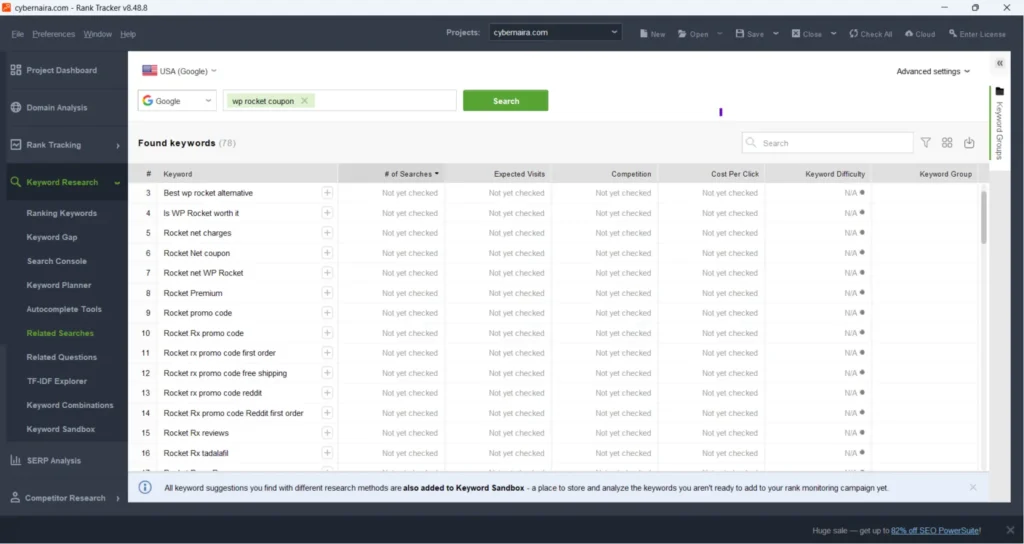 Rank Tracker dashboard showing a related searches keyword report table for WP Rocket coupon.
