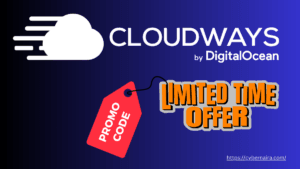A promotional graphic for Cloudways by DigitalOcean featuring a large white Cloudways logo on a blue and black gradient background. A red price tag with the words "PROMO CODE" is attached to a bold, orange "LIMITED TIME OFFER" headline. A small URL in the bottom right corner links to cybernaira.com.