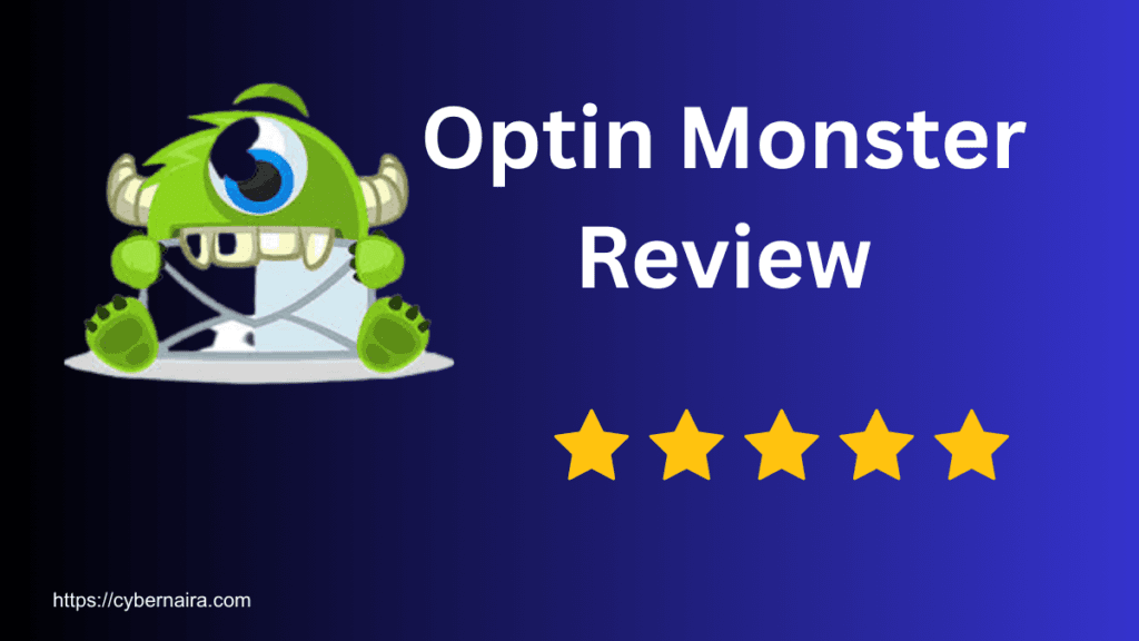Optin Monster review featured image with green mascot, email icon, and five-star rating