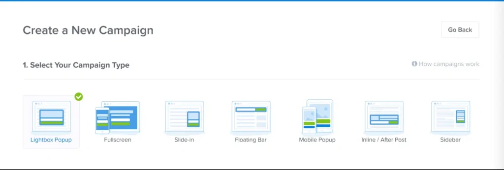 optinmonster campaign types OptinMonster create new campaign screen showing campaign types like lightbox popup, fullscreen, slide-in, floating bar, mobile popup, inline, and sidebar.