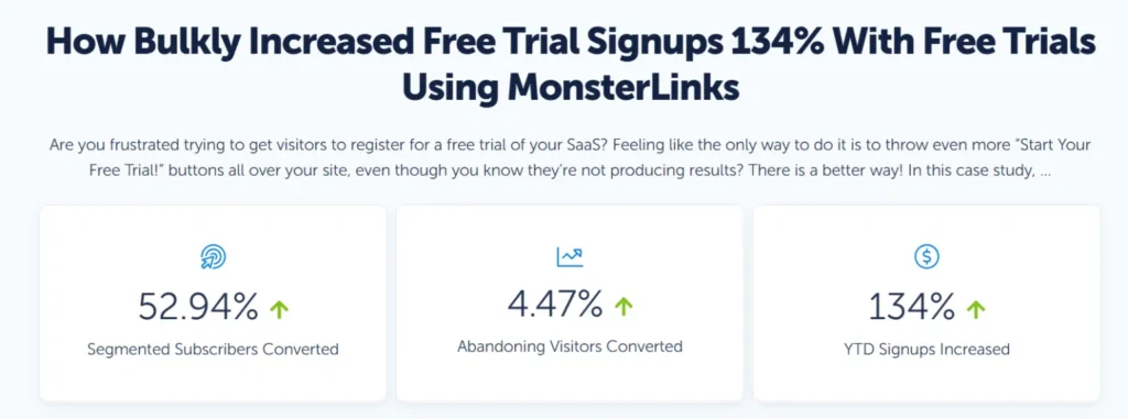 optinmonster case study bulkly OptinMonster case study showing Bulkly increasing free trial signups by 134 percent using MonsterLinks.
