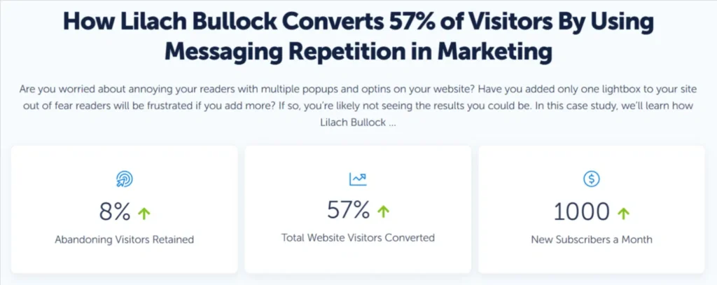 optinmonster case study lilach bullock OptinMonster case study showing Lilach Bullock achieving 57 percent conversion rate and 1000 new subscribers per month.