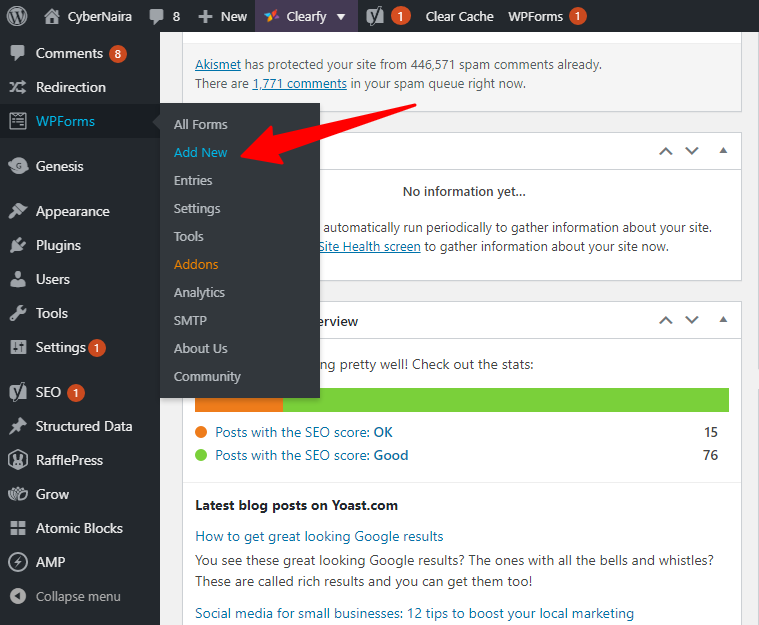 Dashboard ‹ CyberNaira — WordPress - CyberNaira illustration image showing how to create a new form in wpforms