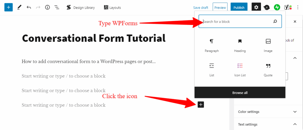 adding wpforms block to wordpress post editor WordPress block editor post screen showing red arrows pointing to add block icon and block search bar for inserting WPForms.