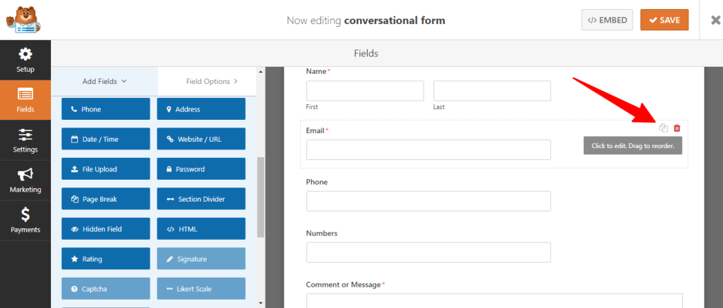 delete form field in WPForms - CyberNaira illustration form field delete option in wpforms