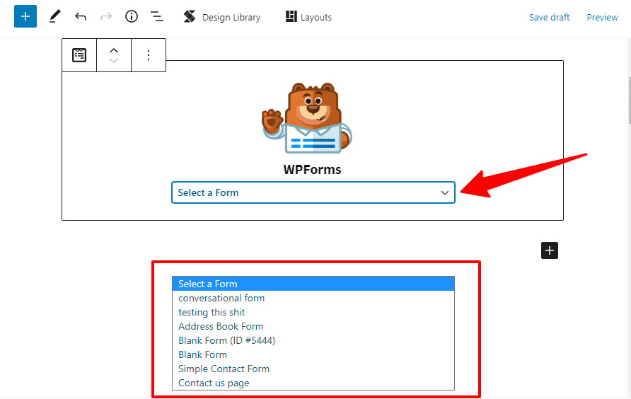 selecting a form in wpforms wordpress block editor WordPress editor block showing WPForms select a form dropdown menu with available forms list.