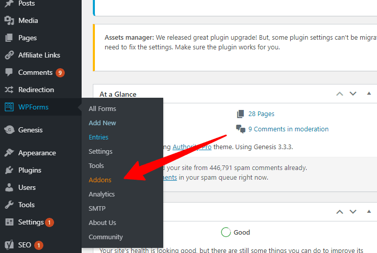 wordpress dashboard wpforms addons navigation menu WordPress dashboard sidebar menu showing WPForms plugins submenu with a red arrow pointing to the addons link.