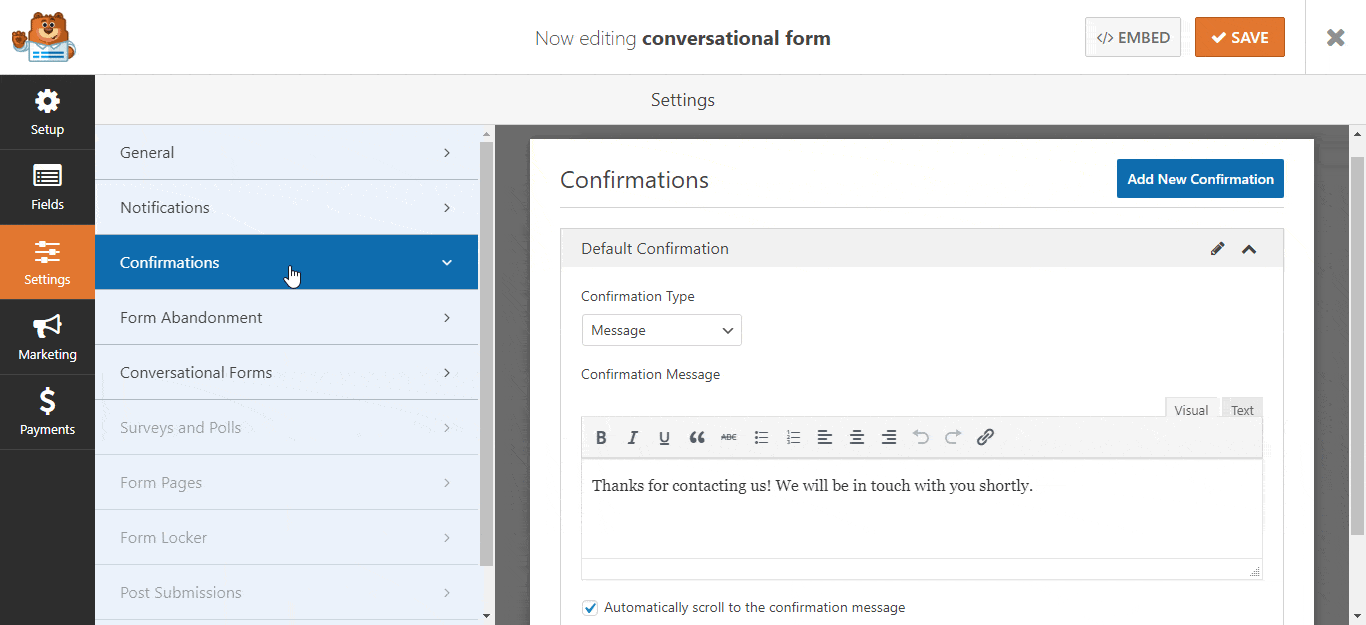 wpforms confirmation settings and message configuration WPForms confirmations settings panel showing default confirmation message editor and options.