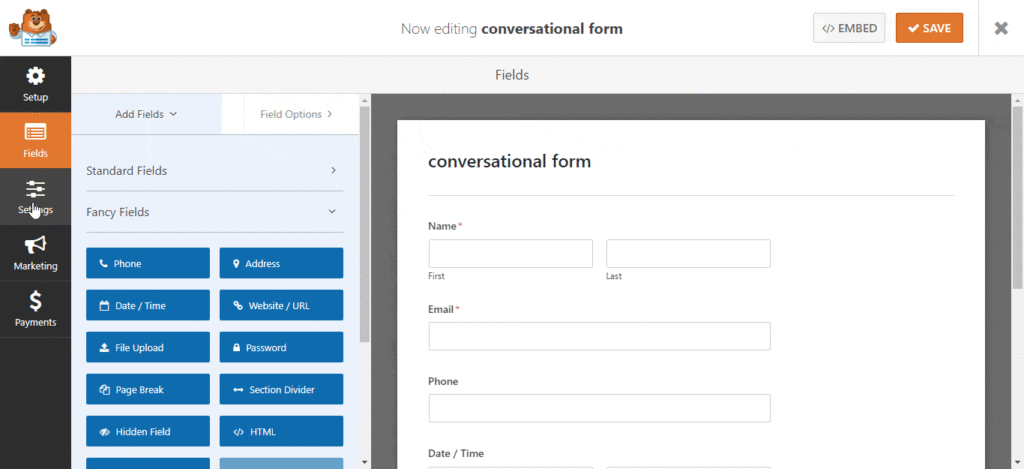 wpforms conversational form builder interface overview WPForms builder interface showing conversational form editor with fields and settings sidebar.