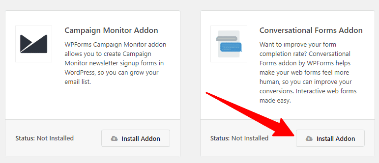 wpforms conversational forms addon installation button WPForms Conversational Forms Addon installation card with red arrow pointing to install addon button.