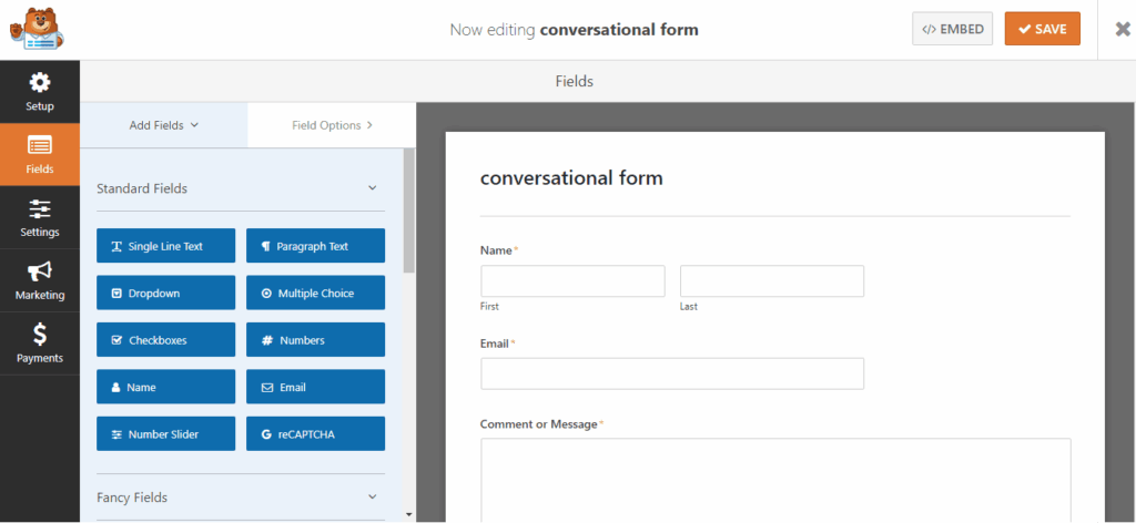 wpforms drag and drop form builder interface conversational form WPForms drag and drop builder interface showing standard form fields sidebar and form preview area.