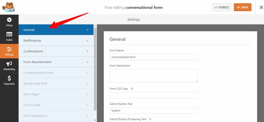 wpforms general settings menu and configuration options WPForms settings menu showing general tab selected with red arrow pointing to general settings option.