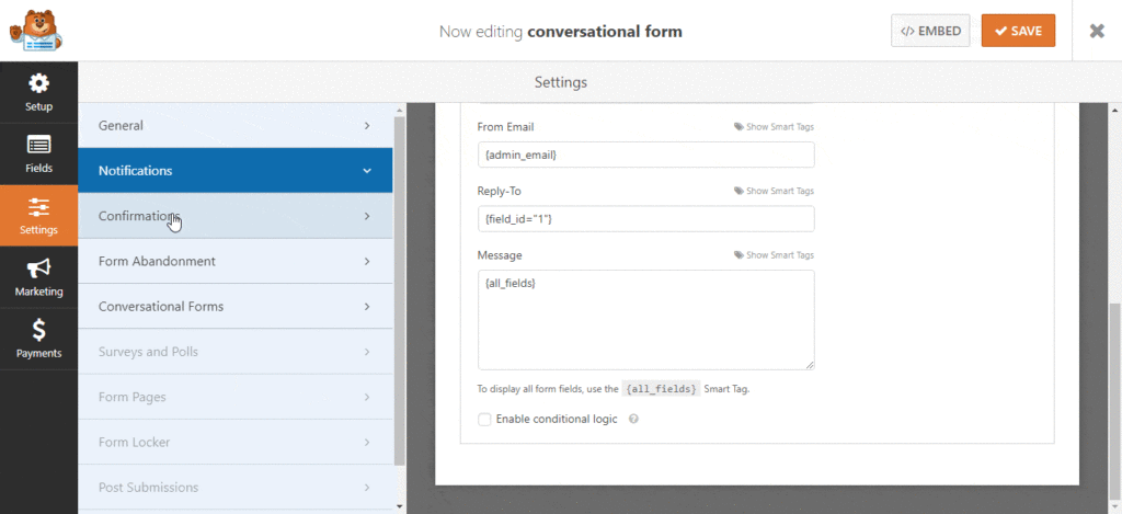 wpforms notification settings and email options configuration WPForms notifications settings panel showing email routing options and message configuration fields.