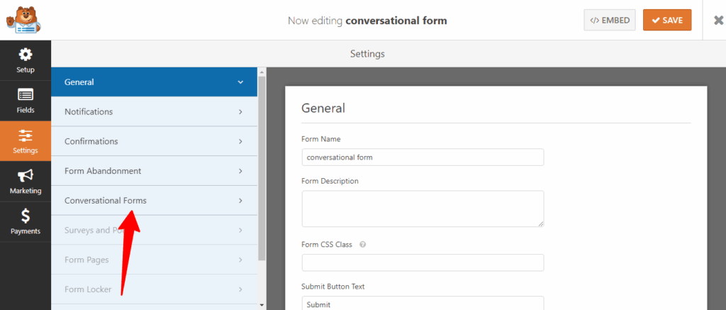 wpforms settings conversational forms tab selection WPForms settings menu with red arrow pointing to conversational forms tab.
