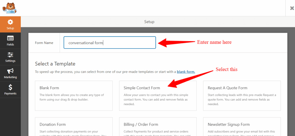 wpforms setup form name and template selection WPForms setup screen showing form name input field and simple contact form template selection.