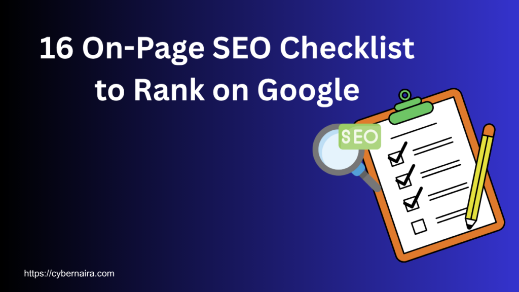 16 On-Page SEO Checklist to Rank on Google featured image with SEO checklist clipboard, magnifying glass, and pencil illustration.