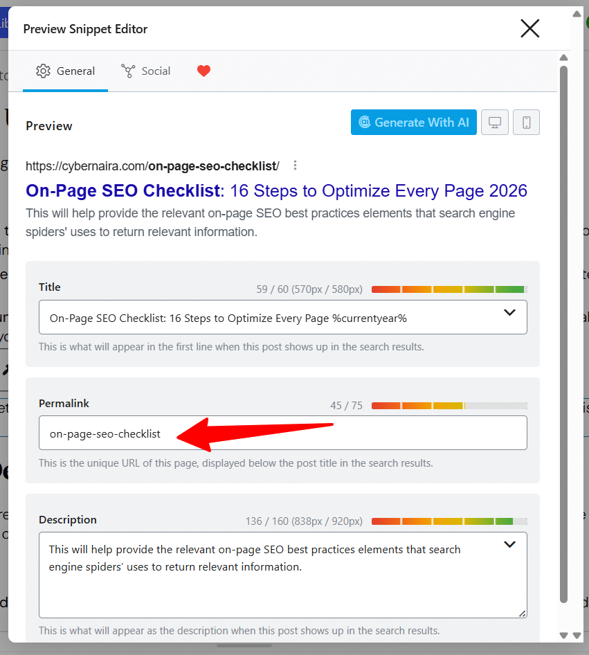 rankmath on page seo url slug field Rank Math SEO snippet editor showing the title, permalink, and meta description fields for an on-page SEO checklist article, with the permalink field highlighted.