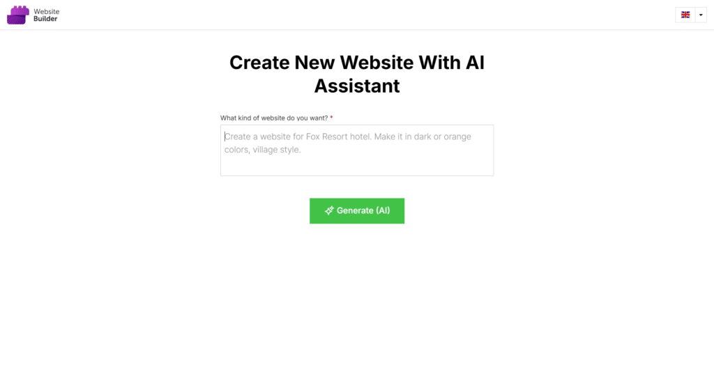 ai website builder assistant AI website builder interface with a prompt field for creating a new website using an AI assistant and a Generate AI button.