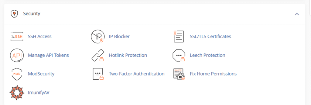 namecheap cpanel security tools Namecheap cPanel Security section showing tools including SSH Access, SSL/TLS Certificates, IP Blocker, ModSecurity, Two Factor Authentication, Hotlink Protection, Leech Protection, and ImunifyAV.