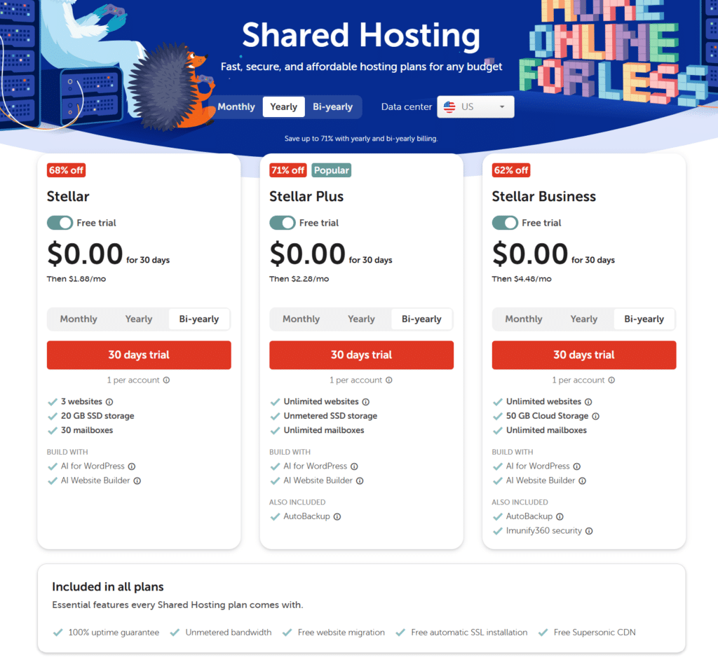 namecheap shared hosting plans pricing Namecheap Shared Hosting pricing page showing Stellar, Stellar Plus, and Stellar Business plans with free 30 day trials, yearly billing discounts, storage limits, and AI website builder features.