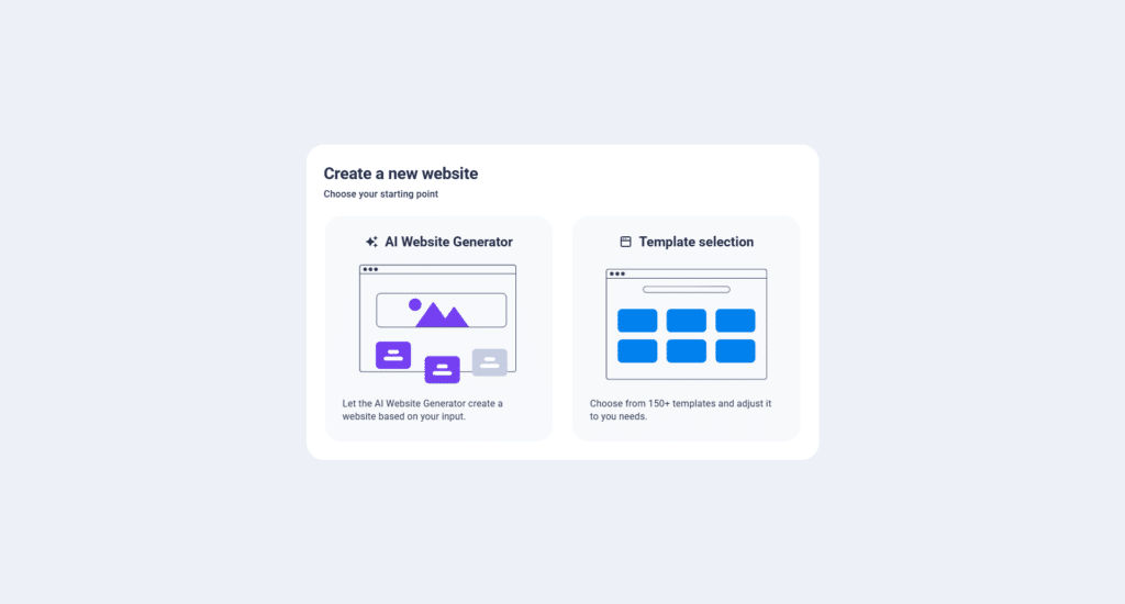 sitejet ai website generator vs template selection AI Website Generator and Template Selection options displayed on the website creation setup screen.