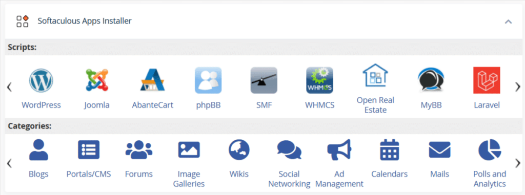softaculous apps installer cpanel Softaculous Apps Installer in cPanel displaying one click installation options for WordPress, Joomla, Laravel, WHMCS, phpBB, MyBB, and other web applications.