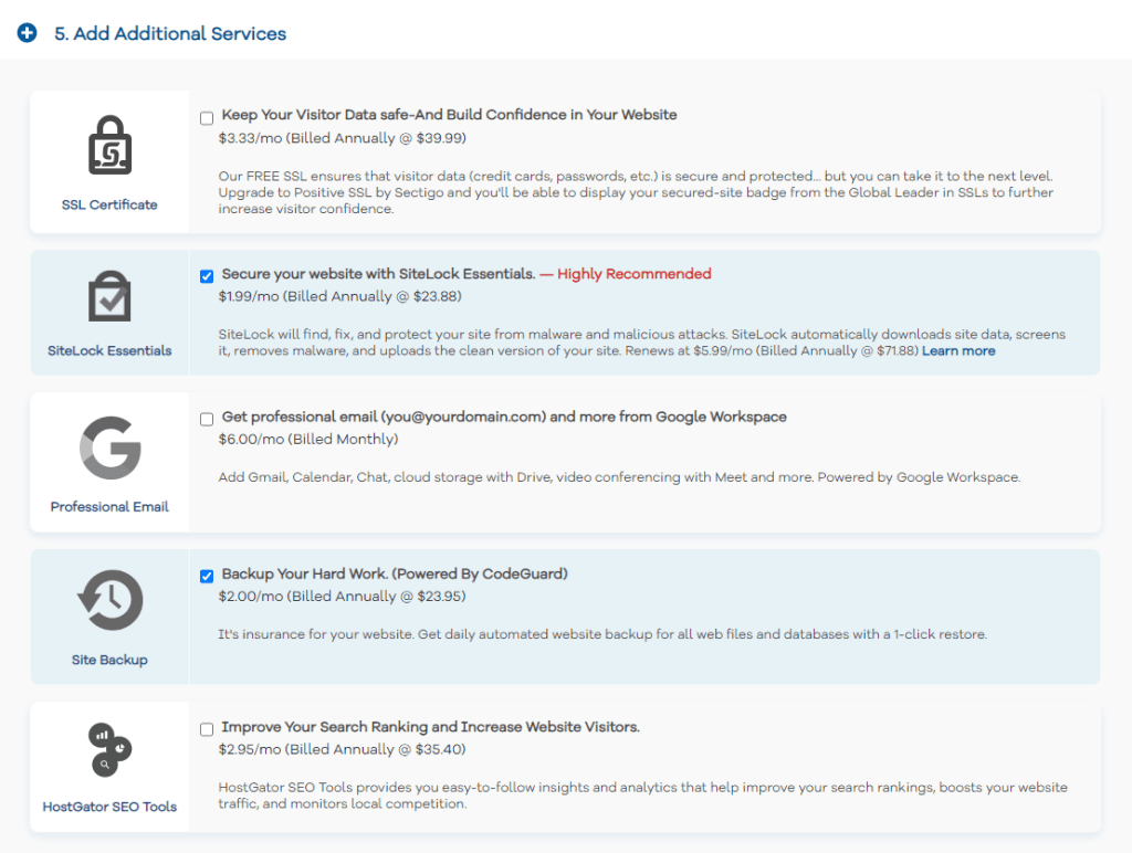 Additional web hosting features on HostGator