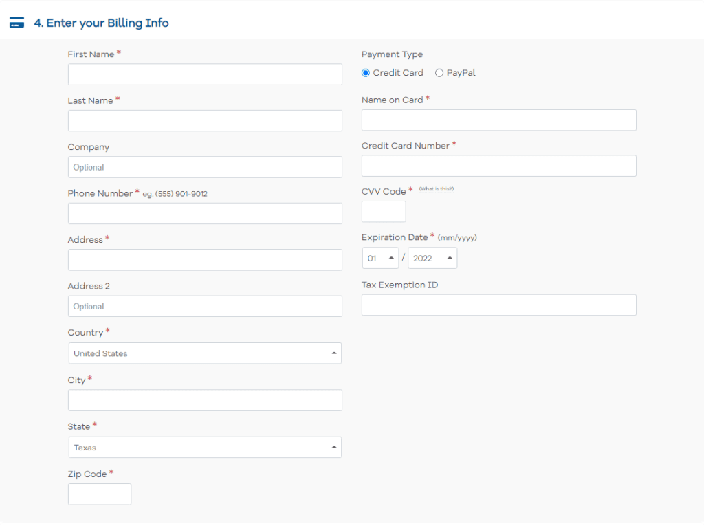 Billing information form in HostGator