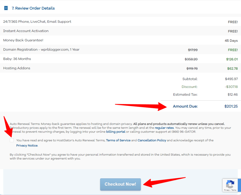 Reviewing order detail form in HostGator