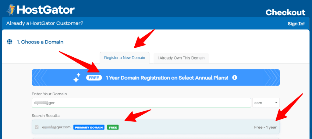 Domain name registration on HostGator
