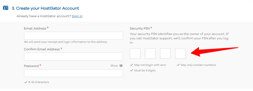 Creating HostGator user account